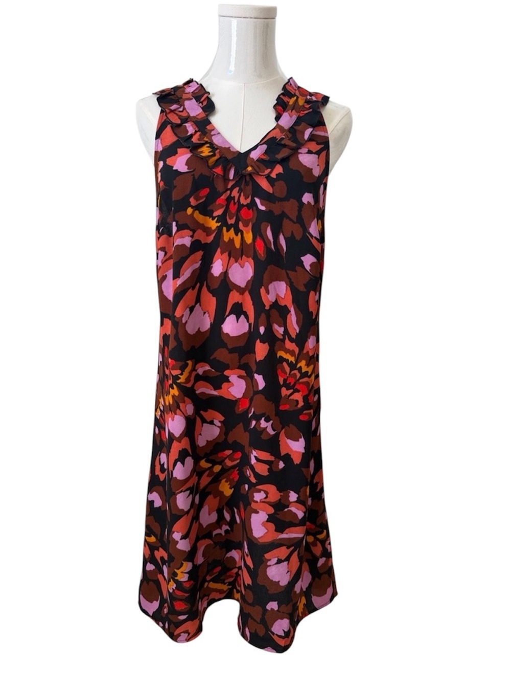 Cabi Monarch Dress Sleeveless Ruffle V-Neck Abstract Leopard Print Shift Sz. M